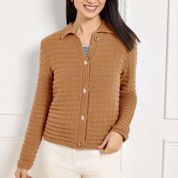 Talbots Women's LARGE Tan Textured Polo Cardigan Gold Buttons Cotton Timeless - Picture 1 of 14